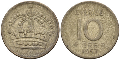 Швеция 10 эре 1957 T;S, Густав VI Адольф (1950-1973) КМ 823 серебро 4160-1248