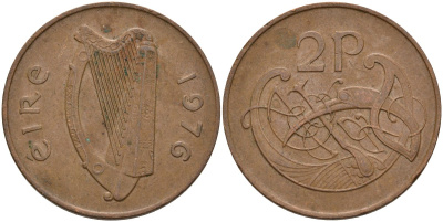 Ирландия 2 пенса 1976 виньетка в виде стилизованной птицы из второй библии Карла II Лысого KM 21 бронза 4144-945