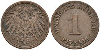 Германия 1 пфенниг 1913 A KM 10, J. 10 медь 4576-219