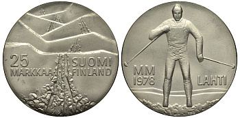 Финляндия 25 марок 1978 K-N, 21 Чемпионат мира по лыжным видам спорта 1978 в Лахти KM 56 серебро 1520-622