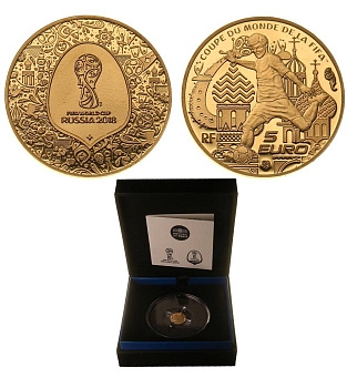 ФРАНЦИЯ 5 ЕВРО 2018 ЧЕМПИОНАТ МИРА ПО ФУТБОЛУ В РОССИИ, оригинальная коробка, сертификат KM NEW золото PROOF 3-4-5-40