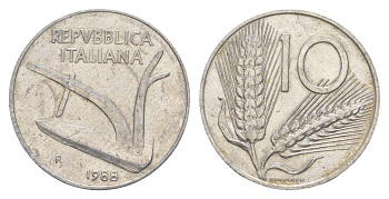 Италия 10 лир 1988 R, плуг, колосья KM 93 алюминий 4551-944
