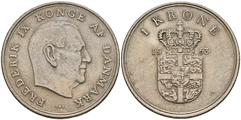 Дания 1 крона 1963 C;S, Фредерик IX (1947-1972) KM 851 медно-никель 4187-1156