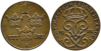 Швеция 1 эре 1932 Густав V (1907-1950) KM 777.2 бронза 4387-1211