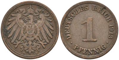 Германия 1 пфенниг 1913 A KM 10, J. 10 медь 4576-219