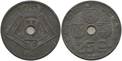 Бельгия 25 сантимов 1945 Belgie - Belgique, Леопольд III (1934-1947), германская оккупация, Вторая мировая война KM 132 цинк 4157-643