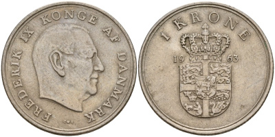 Дания 1 крона 1963 C;S, Фредерик IX (1947-1972) KM 851 медно-никель 4187-1156