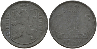 Бельгия 1 франк 1944 Belgie - Belgique, Леопольд III (1934-1947), германская оккупация, Вторая мировая война KM 128 цинк 4161-543