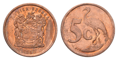 ЮАР 5 центов 1996 герб, райский журавль KM 160 сталь плакированная медью UNC 4643-341