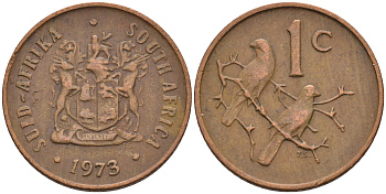 ЮАР 1 ЦЕНТ 1973 ГЕРБ, КАПСКИЕ ВОРОБЬИ KM 82 бронза 4588-1254