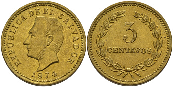 Сальвадор 3 сентаво 1974 год тип, Франсиско Морасан KM 148 никель-латунь UNC 66-813