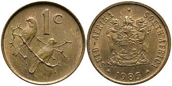 ЮАР 1 цент 1985 герб, капские воробьи KM 82 бронза 4549-444