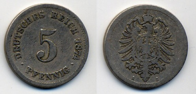 ГЕРМАНИЯ 5 ПФЕННИГОВ 1874 A, СТАРОГЕРБОВКА KM 3, J. 3 медно-никель 37-211