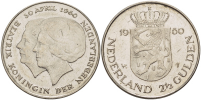 Нидерланды 2 1/2 гульдена 1980 коронация Беатрикс, 30 апреля 1980 KM 201 никель 38-112