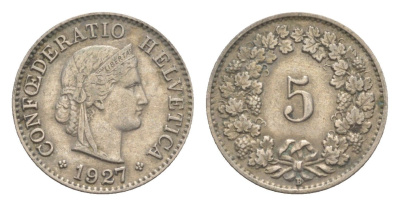 Швейцария 5 раппенов 1927 B KM 26 медно-никель 4630-1114