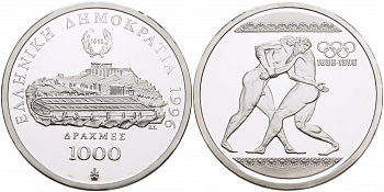 ГРЕЦИЯ 1000 ДРАХМ 1996 ОЛИМПИЙСКИЕ ИГРЫ В АФИНАХ, БОРЬБА KM 166 серебро PROOF 1068-2-24