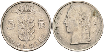 Бельгия 5 франков 1974 BELGIE KM 135.1 медно-никель 4586-657
