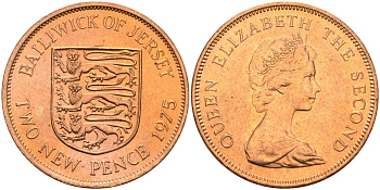 Джерси 2 пенса 1975 герб, Елизавета II (1952-2022) KM 31 бронза UNC 4367-441