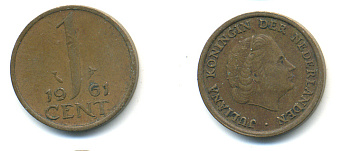 Нидерланды 1 цент 1961 Юлиана (1948-1980) КМ 180 бронза 83-929