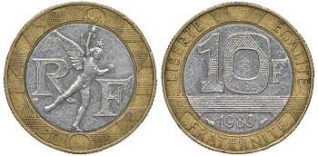 Франция 10 франков 1989 тип гений Бастилии KM 964.1, Le Franc 375.3 биметалл  45-632