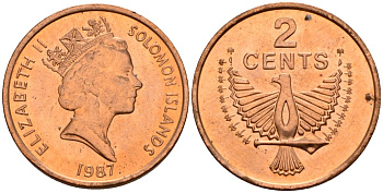 Соломоновы Острова 2 цента 1987 Елизавета II (1953-) KM 25 сталь плакированная бронзой aUNC 190-941