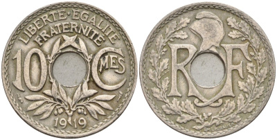 Франция 10 сантимов 1919 KM 866a, LE FRANC 138.3 медно-никель 4143-611