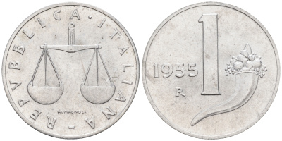 Италия 1 лира 1955 R, весы KM 91 алюминий  UNC  4594-653