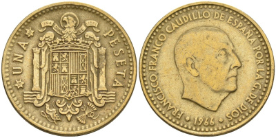 Испания 1 песета 1966 (67) Франсиско Франко (1939-1975) KM 796 алюминиевая бронза 4604-146