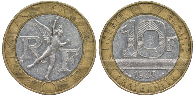 Франция 10 франков 1989 тип гений Бастилии KM 964.1, Le Franc 375.3 биметалл  45-632