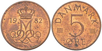 ДАНИЯ 5 ЭРЕ 1982 R; B, МАРГРЕТЕ II (1972-) KM 859.3 железо плакированное медью 4392-832