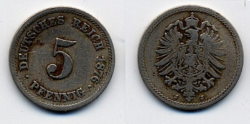 ГЕРМАНИЯ 5 ПФЕННИГОВ 1876 D, СТАРОГЕРБОВКА KM 3, J.3 медно-никель 46-1455