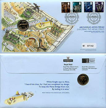 Великобритания 1 фунт 2005 Висячий мост через Менай, в оригинальном конверте, с марками, первый день гашения KM 1051, Spink J19 медно-никель BU 4-3-8-59