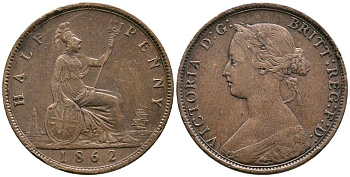 Великобритания 1/2 пенни 1862 Виктория (1837-1901) KM 748.2, Spink 3956 бронза 1518-844
