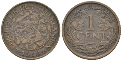Нидерланды 1 цент 1919 Вильгельмина (1890-1948) KM 152 бронза 4152-336