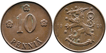 Финляндия 10 пенни 1920 республика (1918-1962) KM 24 медь 4388-916
