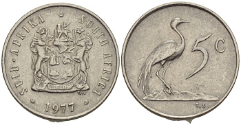 ЮАР 5 центов 1977 герб, райский журавль KM 84 никель 66-331
