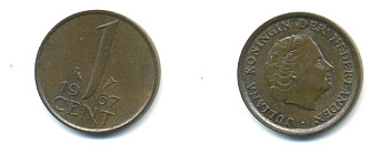 НИДЕРЛАНДЫ 1 ЦЕНТ 1967 ЮЛИАНА KM 180 бронза 80-961