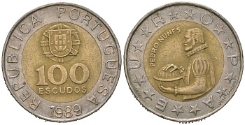 Португалия 100 эскудо 1989 Педру Нуниш (1502-1578), математик KM 645 биметалл 4620-526