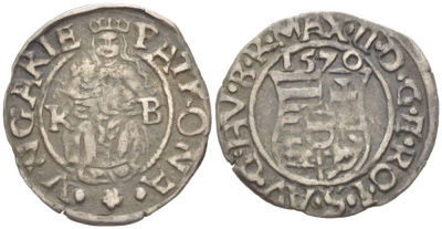 Венгрия 1 денар 1570 КВ, Максимилиан II Габсбург (1564-1576), мадонна с младенцем Huszar 992 серебро 4532-1234