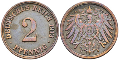 Германия 2 пфеннига 1913 A KM 16, J. 11, Weege 4 медь 4546-725