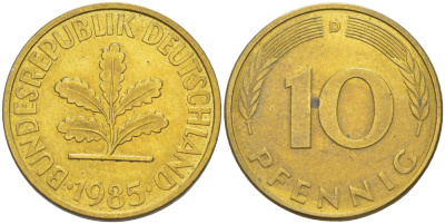 ФРГ 10 ПФЕННИГОВ 1985 D KM 108, J. 383 сталь плакированная латунью 4182-941