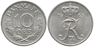 ДАНИЯ 10 ЭРЕ 1963 C; S, ФРЕДЕРИК IX (1947-1972) KM 849.1 медно-никель 100-1144