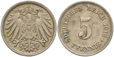 Германия 5 пфеннигов 1913 A J.12, KM 11 медно-никель    4598-1146