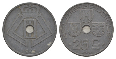 Бельгия 25 сантимов 1943 Belgie - Belgique, Леопольд III (1934-1947), германская оккупация, Вторая мировая война KM 132 цинк 4150-936
