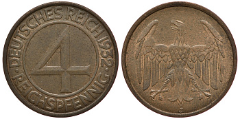Германия 4 рейхспфеннига 1932 J KM 75, J. 315 медь 3896-1235
