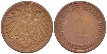 ГЕРМАНИЯ 1 ПФЕННИГ 1901 A KM 10, J. 10, Weege 2 медь 211-256