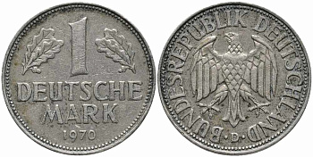 ФРГ 1 МАРКА 1970 D, KM 110, J. 385 медно-никель 113-151