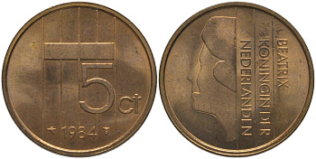 НИДЕРЛАНДЫ 5 ЦЕНТОВ 1984 БЕАТРИКС (1980-2013) KM 202 бронза 181-725