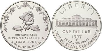 США 1 доллар 1997 P, 175 лет Ботаническому саду KM 278 серебро PROOF 11-233-13