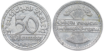 Германия 50 пфеннигов 1922 D KM 27, J. 301 алюминий aUNC 4145-1152